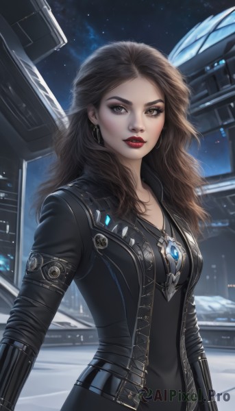 1girl,solo,long hair,breasts,looking at viewer,brown hair,brown eyes,jewelry,medium breasts,upper body,earrings,outdoors,sky,necklace,lips,bodysuit,makeup,night,wavy hair,lipstick,star (sky),night sky,snow,starry sky,science fiction,realistic,black bodysuit,red lips,black hair,small breasts,space