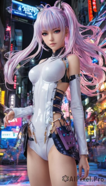 1girl,solo,long hair,breasts,looking at viewer,bangs,blue eyes,bare shoulders,twintails,jewelry,medium breasts,standing,pink hair,multicolored hair,cowboy shot,earrings,parted lips,detached sleeves,blurry,leotard,lips,bodysuit,covered navel,skin tight,science fiction,city,white leotard,hair ornament,long sleeves,closed mouth,thighs,outdoors,artist name,signature,streaked hair,makeup,night,depth of field,blurry background,turtleneck,watermark,building,motor vehicle,pink lips,realistic,car,road,street,city lights,neon lights