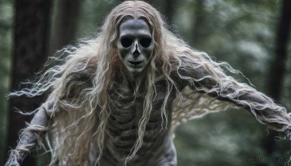 solo,long hair,looking at viewer,smile,blonde hair,1boy,white hair,male focus,blurry,torn clothes,mask,blurry background,colored skin,outstretched arms,nature,facing viewer,1other,forest,grey skin,skeleton,horror (theme),1girl,very long hair,upper body,teeth,artist name,signature,tree,monster girl,pale skin,skull,ghost