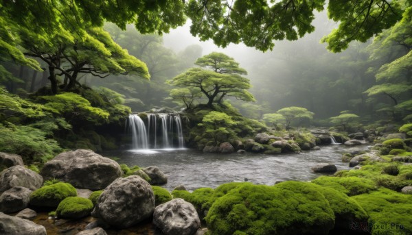 The serene presence of a waterfall in a lush day