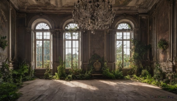 day,indoors,tree,no humans,window,chair,sunlight,plant,scenery,stairs,door,potted plant,ruins,pillar,arch,chandelier,overgrown,column,grass,fantasy,candlestand