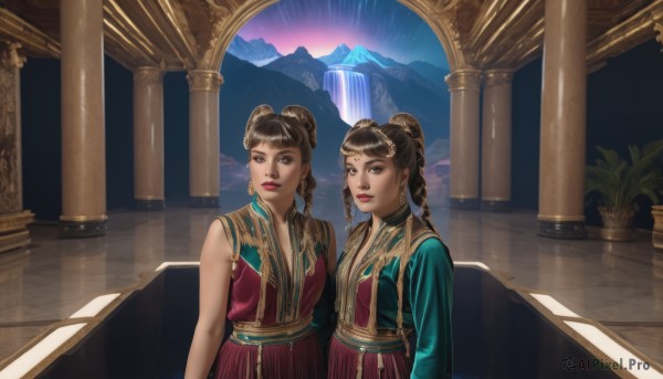 long hair,breasts,looking at viewer,bangs,multiple girls,brown hair,black hair,long sleeves,dress,2girls,bare shoulders,brown eyes,jewelry,closed mouth,standing,upper body,braid,earrings,sleeveless,water,hair bun,twin braids,lips,double bun,makeup,siblings,chinese clothes,red dress,plant,sisters,twins,mountain,potted plant,pillar,waterfall,column,scenery,realistic