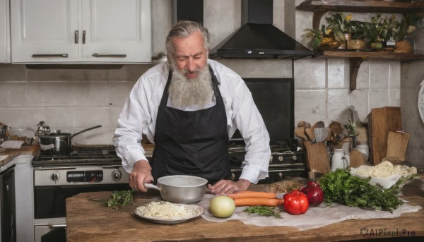 solo,shirt,long sleeves,1boy,holding,closed mouth,closed eyes,white shirt,upper body,white hair,grey hair,male focus,food,collared shirt,indoors,apron,fruit,facial hair,scar,table,knife,plant,facing viewer,beard,plate,bowl,realistic,mustache,holding knife,carrot,old,egg,old man,cooking,kitchen,tomato,vegetable,frying pan,sink,stove,lettuce,kitchen knife,cutting board,onion,cup,bottle,scar on face,spoon,scar across eye,apple,ladle,black apron,counter,refrigerator,faucet,potato,wrinkled skin,radish