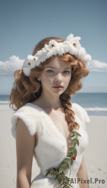 1girl,solo,long hair,breasts,looking at viewer,blue eyes,brown hair,hair ornament,dress,cleavage,medium breasts,upper body,braid,flower,outdoors,parted lips,sky,sleeveless,day,cloud,white dress,blurry,blue sky,lips,single braid,ocean,leaf,beach,hair over shoulder,curly hair,realistic,nose,head wreath,food,fruit,plant,freckles,sand