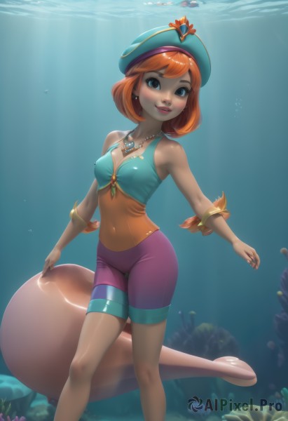 1girl,solo,breasts,looking at viewer,blush,smile,short hair,open mouth,bangs,blue eyes,hat,cleavage,bare shoulders,jewelry,medium breasts,standing,swimsuit,earrings,parted lips,teeth,sleeveless,water,necklace,orange hair,bracelet,covered nipples,lips,bodysuit,covered navel,makeup,cameltoe,swept bangs,sunlight,lipstick,bike shorts,skin tight,pendant,fish,bubble,light rays,underwater,red lips,air bubble,sunbeam,pearl necklace,swimming,submerged,jellyfish,freediving,coral,seaweed,bikini,red hair,small breasts,shorts,dark skin,dark-skinned female,watermark,freckles