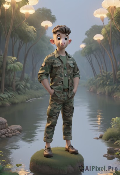 solo,looking at viewer,smile,short hair,brown hair,shirt,black hair,1boy,standing,jacket,full body,male focus,outdoors,shoes,pants,water,uniform,black eyes,tree,military,military uniform,grass,nature,sleeves rolled up,forest,reflection,rock,hands in pockets,green shirt,male child,camouflage,river,dog tags,pond,camouflage pants,open mouth,open clothes,sky,teeth,day,tongue,collared shirt,belt,brown footwear,blush stickers,plant,hand in pocket,bush,mushroom,green pants,lake,pants rolled up