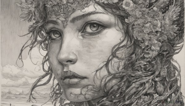 1girl,solo,looking at viewer,hair ornament,monochrome,flower,greyscale,parted lips,sky,cloud,signature,hair flower,lips,eyelashes,traditional media,cloudy sky,feathers,portrait,close-up,realistic,looking afar,head wreath,graphite (medium),closed mouth,plant,vines