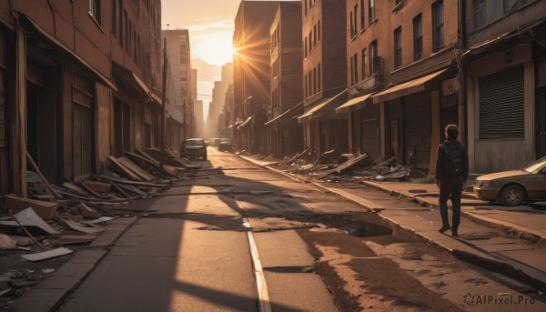 1girl,solo,short hair,brown hair,1boy,standing,jacket,outdoors,sky,pants,hood,bag,from behind,coat,window,hoodie,shadow,black pants,sunlight,backpack,ground vehicle,building,scenery,motor vehicle,sunset,paper,city,sign,sun,car,road,ruins,street,broken glass,vanishing point,male focus,cloud,helmet,1other,wide shot,broken,ambiguous gender,destruction,rubble,truck