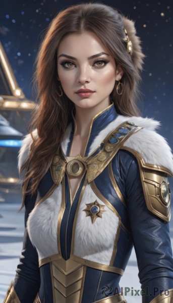 1girl,solo,long hair,breasts,looking at viewer,brown hair,hair ornament,brown eyes,jewelry,closed mouth,upper body,weapon,earrings,outdoors,artist name,armor,blurry,lips,fur trim,makeup,night,blurry background,lipstick,snow,freckles,gold trim,hoop earrings,snowing,realistic,nose,red lips,long sleeves,medium breasts,eyelashes,shoulder armor,forehead,fur collar