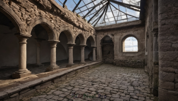 outdoors,sky,day,cloud,indoors,blue sky,dutch angle,no humans,window,sunlight,building,scenery,stairs,ruins,pillar,arch,column,grass,plant,wall,architecture,brick wall,pavement,stone floor,stone wall,brick,brick floor