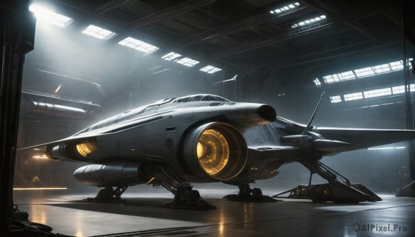 HQ,indoors,signature,military,no humans,window,robot,scenery,reflection,science fiction,light rays,realistic,aircraft,airplane,light,vehicle focus,spacecraft,lights,thrusters,mecha,machinery