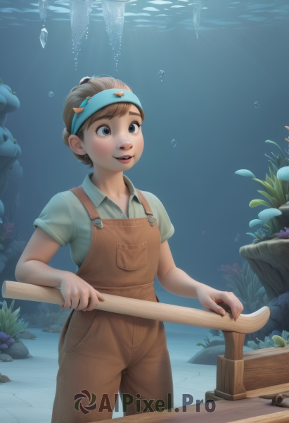 1girl,solo,smile,short hair,open mouth,blue eyes,brown hair,shirt,standing,short sleeves,cowboy shot,hairband,earrings,parted lips,teeth,collared shirt,water,child,freckles,fish,bubble,pocket,underwater,green shirt,overalls,air bubble,aquarium,blush,jewelry,signature,lips,fingernails,sunlight,looking up,light rays,rock,nose,mushroom