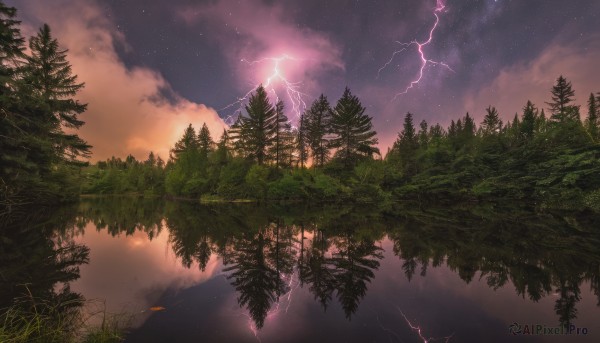 outdoors,sky,cloud,water,tree,no humans,night,cloudy sky,grass,star (sky),nature,night sky,scenery,forest,starry sky,reflection,sunset,electricity,lightning,mountain,landscape,lake,reflective water