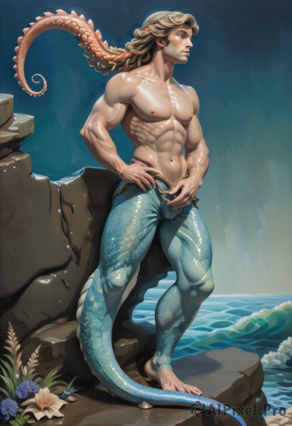 solo,long hair,brown hair,1boy,navel,brown eyes,nipples,standing,tail,full body,flower,male focus,barefoot,water,wet,muscular,facial hair,abs,pectorals,muscular male,bara,bulge,topless male,rock,scales,male swimwear,monster boy,blonde hair,braid,outdoors,artist name,lips,hand on hip,watermark,tentacles,beard,hands on hips,realistic