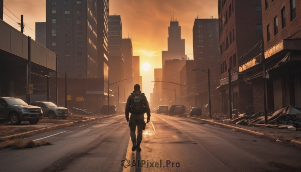 solo,1boy,holding,standing,jacket,weapon,male focus,outdoors,sky,pants,sword,cloud,bag,from behind,holding weapon,backpack,ground vehicle,building,scenery,motor vehicle,walking,science fiction,sunset,city,sun,car,road,police,lamppost,street,orange sky,helmet,1other,sign,power lines,ambiguous gender