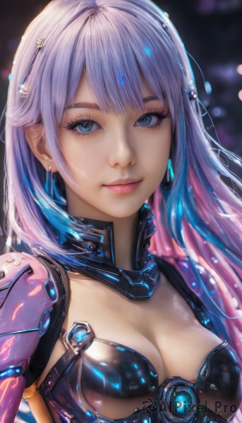 1girl,solo,long hair,breasts,looking at viewer,bangs,blue eyes,hair ornament,cleavage,jewelry,medium breasts,closed mouth,blue hair,upper body,pink hair,purple hair,multicolored hair,earrings,shiny,blurry,two-tone hair,lips,eyelashes,gradient hair,makeup,blurry background,science fiction,pink lips,realistic,nose,cyborg,shiny clothes,colored inner hair,android,eyeliner,mascara,cyberpunk