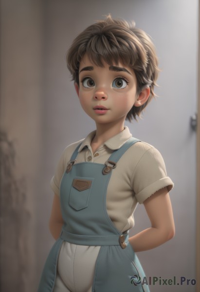 1girl,solo,looking at viewer,short hair,brown hair,shirt,brown eyes,white shirt,short sleeves,cowboy shot,parted lips,collared shirt,blurry,lips,blurry background,arms behind back,thick eyebrows,child,freckles,realistic,overalls,blue overalls,nose