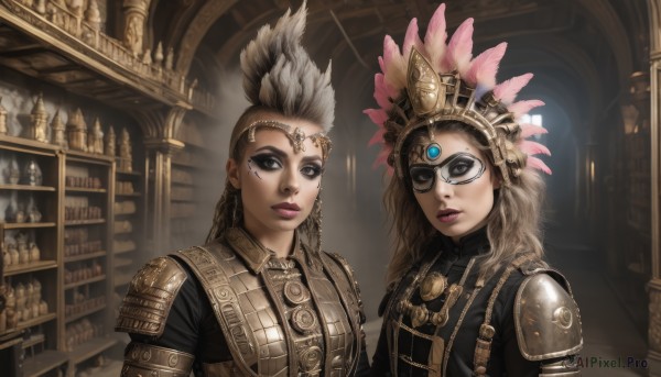 long hair,looking at viewer,multiple girls,blonde hair,brown hair,2girls,brown eyes,jewelry,closed mouth,upper body,braid,white hair,earrings,indoors,armor,black eyes,lips,grey eyes,makeup,feathers,shoulder armor,pauldrons,fantasy,bookshelf,headdress,blue eyes,hair ornament,mask,facial mark,lipstick