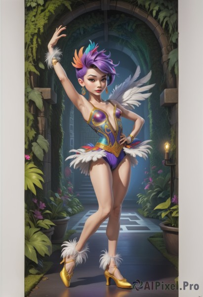 1girl,solo,breasts,looking at viewer,short hair,hair ornament,cleavage,bare shoulders,brown eyes,jewelry,medium breasts,standing,collarbone,full body,purple hair,flower,multicolored hair,earrings,small breasts,wings,shoes,signature,armpits,necklace,nail polish,arm up,high heels,bracelet,two-tone hair,leotard,lips,hand on hip,bare legs,makeup,feathers,plant,lipstick,eyeshadow,hoop earrings,stairs,red lips,bangle,potted plant,thighs,parted lips,artist name,legs,fur trim,strapless,watermark,web address,strapless leotard,anklet,purple leotard,mascara,gold footwear