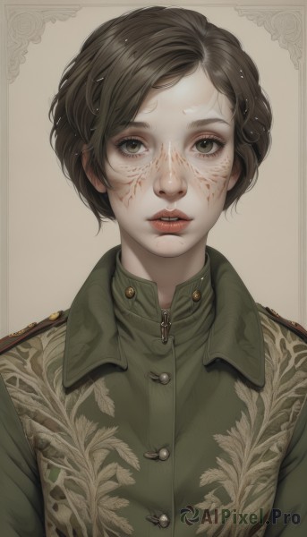 1girl,solo,looking at viewer,short hair,simple background,brown hair,shirt,black hair,brown eyes,jacket,upper body,parted lips,teeth,uniform,lips,military,blood,military uniform,buttons,scar,portrait,zipper,blood on face,green jacket,realistic,green shirt,bangs,eyelashes