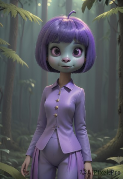 1girl,solo,breasts,looking at viewer,smile,short hair,bangs,shirt,long sleeves,closed mouth,standing,purple eyes,purple hair,ahoge,cowboy shot,small breasts,outdoors,shiny,collared shirt,pants,artist name,signature,blunt bangs,nail polish,blurry,shiny hair,tree,fingernails,buttons,blurry background,colored skin,leaf,bob cut,wing collar,nature,black nails,forest,personification,freckles,pajamas,furry female,arms at sides,purple shirt,female child,purple pants,pink pants,eyelashes,makeup,furry,pink shirt