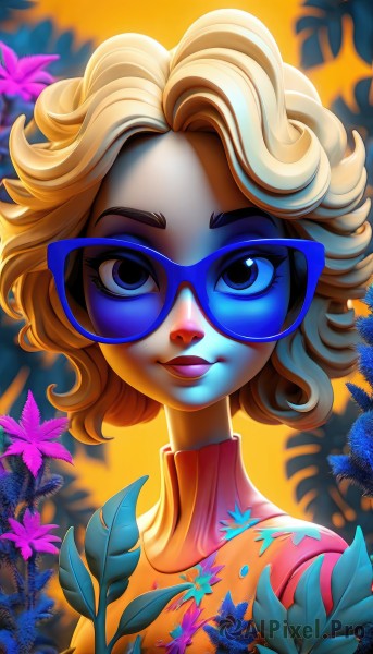 1girl,solo,looking at viewer,smile,short hair,blue eyes,blonde hair,upper body,flower,parted lips,glasses,artist name,lips,eyelashes,makeup,turtleneck,leaf,sunglasses,plant,lipstick,portrait,eyeshadow,curly hair,tinted eyewear,blue-framed eyewear,blue lips,blue-tinted eyewear,shirt,sweater,watermark,floral print,backlighting,blue flower,pink shirt,nose,orange shirt,pink sweater,orange sweater