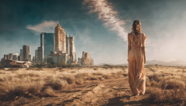 1girl,solo,long hair,brown hair,black hair,long sleeves,dress,standing,outdoors,sky,barefoot,day,cloud,white dress,blue sky,cloudy sky,grass,building,scenery,robe,city,realistic,cityscape,ruins,skyscraper,from behind,sand,desert,skyline