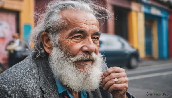 solo,shirt,1boy,jewelry,jacket,upper body,white hair,grey hair,male focus,outdoors,necktie,collared shirt,hand up,blurry,depth of field,blurry background,facial hair,formal,ring,suit,ground vehicle,messy hair,motor vehicle,beard,cigarette,realistic,mustache,smoking,car,manly,old,old man,wrinkled skin,looking at viewer,smile,signature,black eyes,lips,grey eyes,scar,blue shirt,portrait,blue necktie,grey jacket,nose,wedding ring