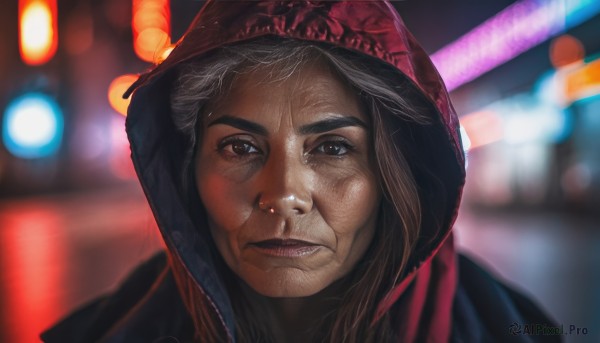 solo,looking at viewer,1boy,brown eyes,closed mouth,jacket,male focus,hood,blurry,lips,depth of field,blurry background,portrait,hood up,realistic,1girl,brown hair,white hair,outdoors,night,parody,old,old woman,red hood