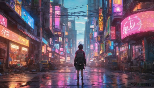 1girl, solo, short hair, skirt, black hair, standing, jacket, outdoors, sky, cloud, bag, from behind, dutch angle, backpack, ground vehicle, building, scenery, motor vehicle, reflection, science fiction, city, sign, facing away, car, road, cityscape, power lines, street, puddle, cyberpunk, neon lights, vanishing point