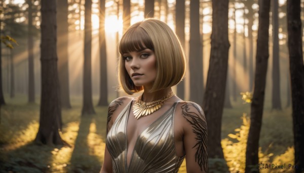 1girl,solo,breasts,looking at viewer,short hair,bangs,blonde hair,brown hair,dress,cleavage,bare shoulders,brown eyes,jewelry,closed mouth,upper body,ahoge,small breasts,outdoors,dark skin,blunt bangs,necklace,blurry,dark-skinned female,tree,lips,tattoo,blurry background,sunlight,bob cut,nature,forest,realistic,nose,arm tattoo,medium breasts,sleeveless,day,artist name