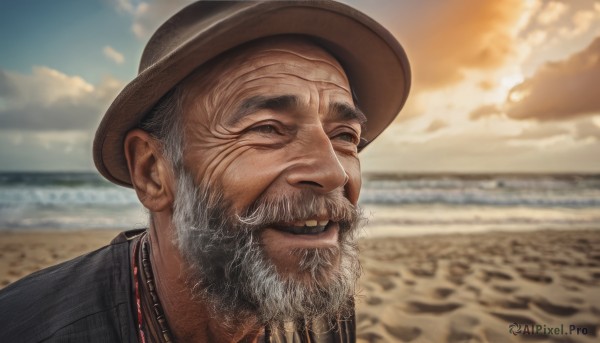 solo,shirt,1boy,hat,jewelry,grey hair,male focus,outdoors,sky,day,cloud,necklace,blurry,blurry background,facial hair,ocean,beach,cloudy sky,portrait,beard,realistic,mustache,sand,brown headwear,manly,old,old man,cowboy hat,desert,looking at viewer,smile,open mouth,water,grey eyes,black shirt,meme,horizon,wrinkled skin