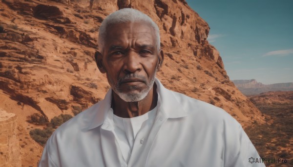 solo,looking at viewer,short hair,shirt,1boy,white shirt,upper body,white hair,grey hair,male focus,outdoors,parted lips,sky,day,collared shirt,dark skin,black eyes,blue sky,dress shirt,facial hair,scar,dark-skinned male,beard,realistic,mustache,manly,old,old man,photo background,desert,wrinkled skin,bald