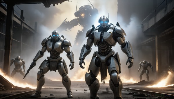 HQ,looking at viewer,blue eyes,holding,standing,weapon,multiple boys,holding weapon,armor,gun,military,no humans,glowing,fire,robot,building,holding gun,mecha,glowing eyes,smoke,science fiction,city,realistic,ruins,damaged,open hands,power armor,embers,dust,cloud,rifle,handgun,alien