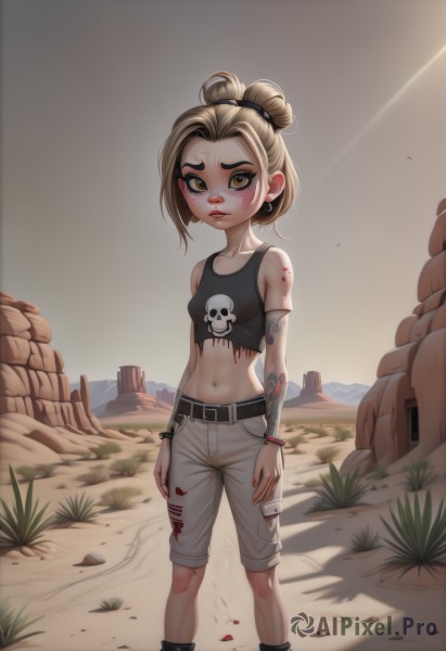 1girl,solo,breasts,looking at viewer,blush,short hair,blonde hair,brown hair,navel,bare shoulders,brown eyes,jewelry,closed mouth,standing,collarbone,yellow eyes,earrings,small breasts,boots,outdoors,shorts,day,midriff,belt,pants,artist name,hair bun,nail polish,black footwear,bracelet,lips,crop top,blood,tattoo,makeup,sunlight,single hair bun,tank top,grass,aged down,wristband,child,forehead,backlighting,freckles,cuffs,skull,injury,rock,bandaid on face,female child,blood on clothes,dirty,black tank top,skull print,shirt,full body,torn clothes,thick eyebrows,lipstick,bandaid,eyeshadow,blood on face,nose,red lips,arm tattoo,shoulder tattoo,updo,dirty face,skull earrings