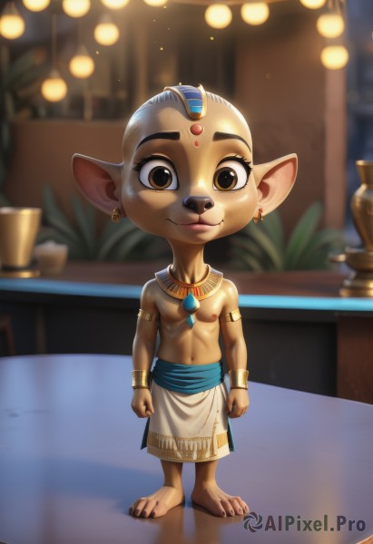 solo,looking at viewer,smile,1boy,navel,animal ears,brown eyes,jewelry,closed mouth,nipples,standing,full body,male focus,earrings,barefoot,pointy ears,artist name,indoors,necklace,blurry,bracelet,tattoo,blurry background,piercing,table,pectorals,child,furry,clenched hands,topless male,circlet,furry male,male child,loincloth,1girl,depth of field,colored skin,aged down,plant,black nails,armlet,furry female,potted plant,bald,forehead jewel,animal nose,vase,egyptian clothes