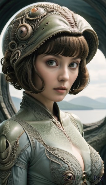 1girl,solo,breasts,looking at viewer,short hair,bangs,brown hair,cleavage,medium breasts,green eyes,upper body,parted lips,blurry,lips,blurry background,helmet,curly hair,realistic,nose,fantasy,black hair,teeth,blunt bangs,armor,black eyes,eyelashes