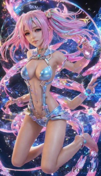 1girl,solo,long hair,breasts,looking at viewer,smile,bangs,blue eyes,large breasts,hair ornament,navel,cleavage,hair between eyes,bare shoulders,twintails,jewelry,medium breasts,swimsuit,full body,pink hair,parted lips,barefoot,nail polish,bracelet,feet,lips,bare legs,kneeling,toes,revealing clothes,armlet,realistic,center opening,anklet,gloves,closed mouth,multicolored hair,choker,stomach,watermark,web address