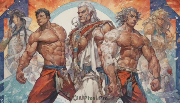 long hair,looking at viewer,smile,short hair,blonde hair,black hair,navel,holding,jewelry,closed mouth,nipples,standing,closed eyes,weapon,white hair,grey hair,male focus,multiple boys,sky,belt,pants,signature,hood,water,bracelet,sash,tattoo,muscular,holding hands,facial hair,wavy hair,scar,abs,moon,thick eyebrows,pectorals,muscular male,clenched hand,star (sky),bara,beard,scar on face,clenched hands,starry sky,large pectorals,6+boys,veins,topless male,robe,mature male,card,manly,bare pectorals,old,biceps,constellation,white robe,thick arms,brown hair,braid,cowboy shot,dark skin,necklace,lips,bandages,chinese clothes,rope,4boys,scar across eye,5boys,red pants,old man,scar on stomach,veiny arms