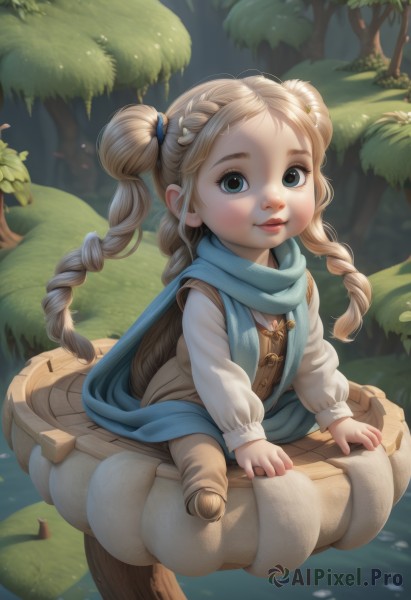 1girl,solo,long hair,looking at viewer,smile,blue eyes,blonde hair,long sleeves,dress,twintails,sitting,closed mouth,braid,outdoors,water,bag,scarf,twin braids,tree,lips,child,nature,forest,female child,blue scarf,hair ornament,leaf,aged down,log