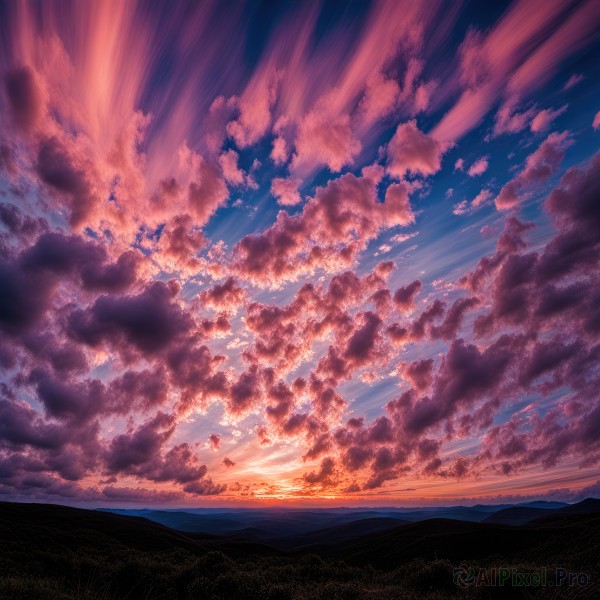 outdoors,sky,cloud,tree,blue sky,no humans,sunlight,cloudy sky,nature,scenery,sunset,mountain,sun,horizon,landscape,mountainous horizon,hill,cumulonimbus cloud,solo,water,dutch angle,ocean,flying,fisheye,above clouds,very wide shot