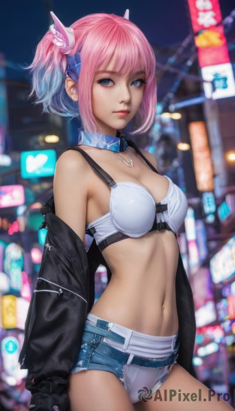 1girl,solo,breasts,looking at viewer,short hair,bangs,blue eyes,hair ornament,gloves,long sleeves,navel,cleavage,bare shoulders,twintails,jewelry,medium breasts,closed mouth,underwear,blue hair,standing,jacket,pink hair,sidelocks,multicolored hair,cowboy shot,earrings,outdoors,open clothes,shorts,choker,black gloves,midriff,belt,fingerless gloves,necklace,off shoulder,stomach,nail polish,bra,blurry,two-tone hair,open jacket,lips,black jacket,short shorts,gradient hair,detached collar,night,blurry background,piercing,denim,white bra,denim shorts,realistic,cutoffs,micro shorts,heart,thighs,depth of field,blue shorts