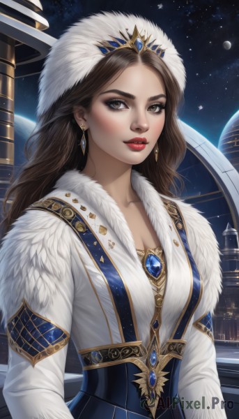 1girl,solo,long hair,breasts,looking at viewer,brown hair,long sleeves,hat,dress,cleavage,brown eyes,jewelry,medium breasts,collarbone,upper body,earrings,parted lips,sky,lips,fur trim,makeup,night,blue dress,moon,tiara,crown,lipstick,gem,star (sky),night sky,eyeshadow,starry sky,gold trim,nose,red lips,space,planet,fur hat,blue gemstone,artist name,white dress,realistic