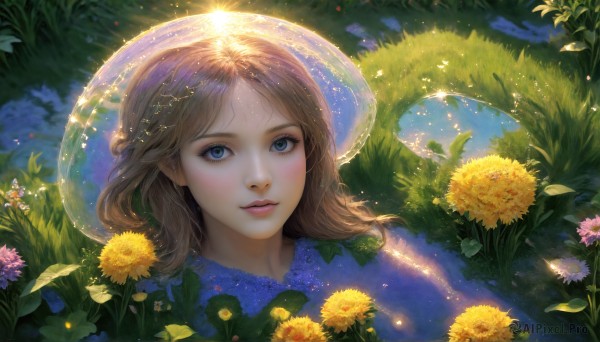 HQ,1girl,solo,long hair,looking at viewer,bangs,blue eyes,blonde hair,brown hair,hat,flower,outdoors,parted lips,artist name,water,star (symbol),lips,eyelashes,glowing,leaf,grass,plant,portrait,nature,pink flower,pink lips,realistic,yellow flower,nose,fantasy,blush,sparkle,halo,light particles,reflection,ripples,dandelion