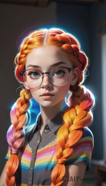 1girl,solo,long hair,looking at viewer,bangs,shirt,twintails,jewelry,closed mouth,green eyes,upper body,braid,short sleeves,multicolored hair,earrings,parted lips,glasses,striped,collared shirt,artist name,indoors,orange hair,blurry,twin braids,lips,eyelashes,makeup,buttons,depth of field,blurry background,watermark,hair over shoulder,web address,backlighting,freckles,black-framed eyewear,bespectacled,striped shirt,nose,round eyewear,stud earrings,mascara,multicolored stripes,red hair,dress shirt,sunlight,thick eyebrows,wing collar,multicolored clothes,forehead,light rays,pink lips,light,multicolored shirt,lipgloss