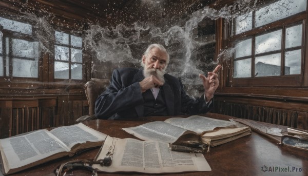 solo,shirt,long sleeves,1boy,holding,sitting,jacket,white hair,male focus,indoors,black jacket,book,window,facial hair,chair,formal,table,suit,beard,snow,desk,smoke,rain,cigarette,snowing,paper,open book,realistic,mustache,smoking,pen,bald,manly,old,old man,holding cigarette,newspaper,cigar,looking at viewer,white shirt,upper body,grey hair,necktie,collared shirt,vest,scar,black necktie,scar on face,black vest,wrinkled skin,elbows on table