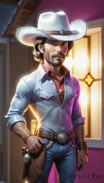 solo,looking at viewer,brown hair,shirt,black hair,1boy,hat,brown eyes,jewelry,standing,weapon,male focus,cowboy shot,collared shirt,belt,pants,indoors,black eyes,bracelet,gun,window,night,buttons,facial hair,white headwear,blue shirt,denim,red shirt,beard,buckle,handgun,sleeves rolled up,pocket,jeans,belt buckle,mature male,mustache,door,blue pants,brown belt,breast pocket,holster,cowboy hat,revolver,cowboy western,short hair,long sleeves,closed mouth,outdoors,parted lips,sky,necklace,star (symbol),blurry,lips,hand on hip,dress shirt,wing collar,building,star (sky),night sky,brown gloves,backlighting,arm at side,realistic,nose,purple shirt,unbuttoned,partially unbuttoned,badge