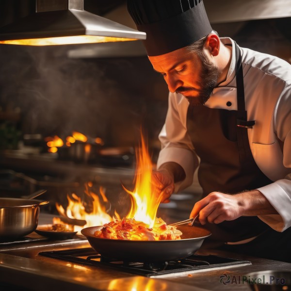 solo,short hair,black hair,1boy,hat,holding,upper body,male focus,food,indoors,apron,facial hair,fire,beard,sleeves rolled up,mature male,cooking,frying pan,arm hair,chef hat,chef,shirt,long sleeves,closed mouth,closed eyes,white shirt,blurry,black headwear,depth of field,blurry background,looking down,table,bowl,realistic,mustache,old,old man,kitchen,black apron,burning,cutting board,brown apron