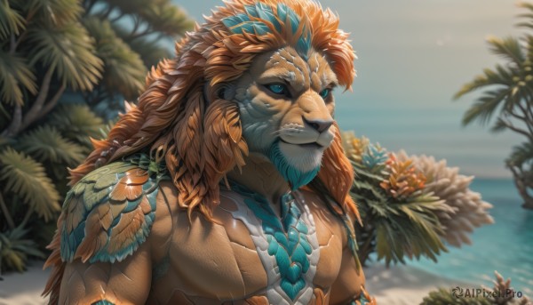 solo,looking at viewer,blue eyes,1boy,jewelry,upper body,male focus,outdoors,teeth,day,water,orange hair,blurry,tree,muscular,blurry background,facial hair,ocean,beach,pectorals,muscular male,bara,beard,furry,colored sclera,sand,palm tree,black sclera,scales,furry male,long hair,brown hair,closed mouth,braid,artist name,armor,glowing,colored skin,plant,tusks,blue sclera