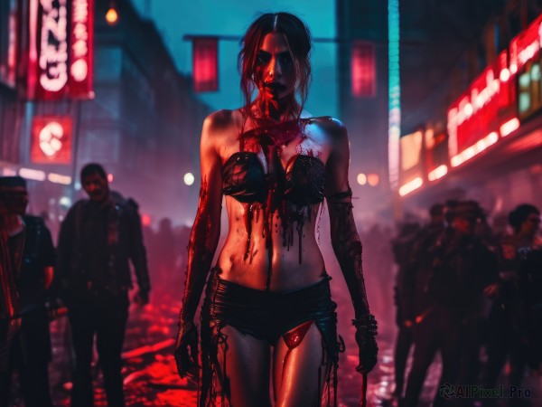 1girl,long hair,breasts,black hair,gloves,navel,holding,bare shoulders,jewelry,underwear,standing,swimsuit,weapon,bikini,outdoors,multiple boys,shorts,solo focus,midriff,bra,blurry,bracelet,torn clothes,short shorts,strapless,blood,night,depth of field,blurry background,black shorts,bikini top only,faceless,science fiction,blood on face,city,realistic,arms at sides,blood on clothes,police,street,zombie,blood on hands,crowd,cyberpunk,neon lights,medium breasts,cowboy shot,necklace,lips,gun,tattoo,denim,building,facing viewer,walking,nose,cyborg